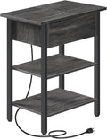HOOBRO End Table with Charging Station, Narrow Side Table, Flip Top Nightstand with USB Ports and Outlets, Bedside Tables with Shelf for Small Spaces, Living Room, Charcoal Black BC341BZ01