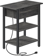 HOOBRO End Table with Charging Station, Narrow Side Table, Flip Top Nightstand with USB Ports and Outlets, Bedside Tables with Shelf for Small Spaces, Living Room, Charcoal Black BC341BZ01