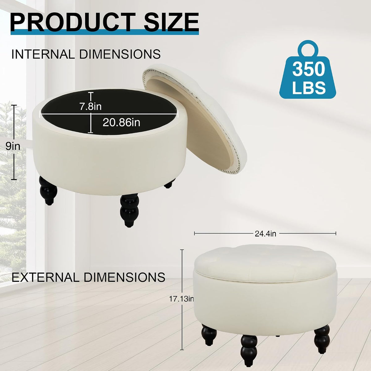 24 Inch Round Ottoman with Storage, Tufted Linen Storage Bench for Bedroom, Living Room & Entryway, Modern Upholstered Coffee Table with Wooden Black Legs, Beige