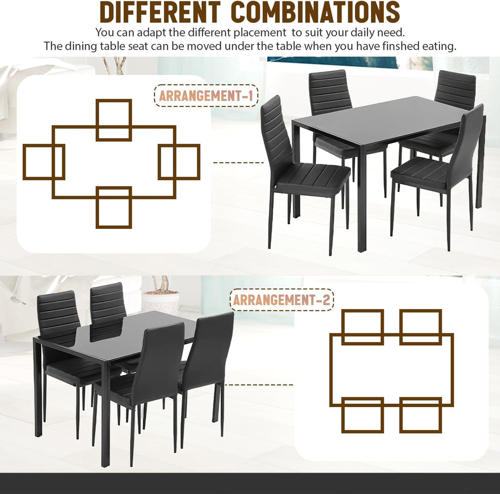 NChanmar Dining Table Set for 4 Furniture 5 Piece Faux Dining Set, Modern Kitchen Table with Upholstered PU Leather Chairs and Glass Tabletop for Breakfast Nook Small Spaces,Black