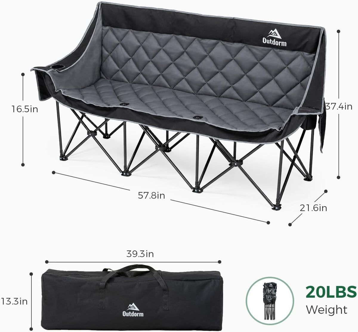 Padded 3 Person Camping Chair Oversized Camping Couch, Heavy Duty Folding Double Camping Chair, Extra Wide Camping Loveseat with Cup Holder & Side Pockets for Camping & Lawn, Supports 660LBS Black
