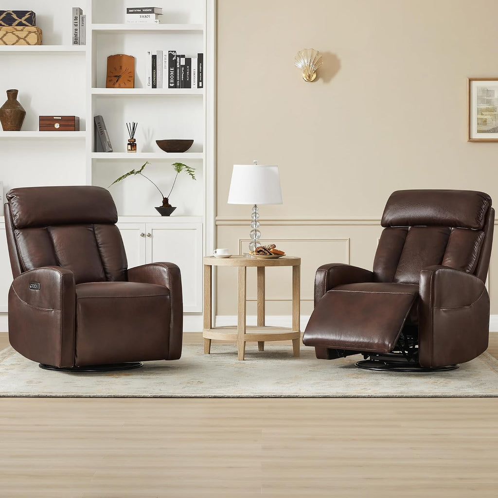 CHITA Genuine Leather Power Recliner Chair, Swivel Rocker, Cognac Brown | Electric Triple Motor Rocker Recliner for Living Room with Adjustable Headrest / Lumbar Support, USB & Type-C Charging Ports