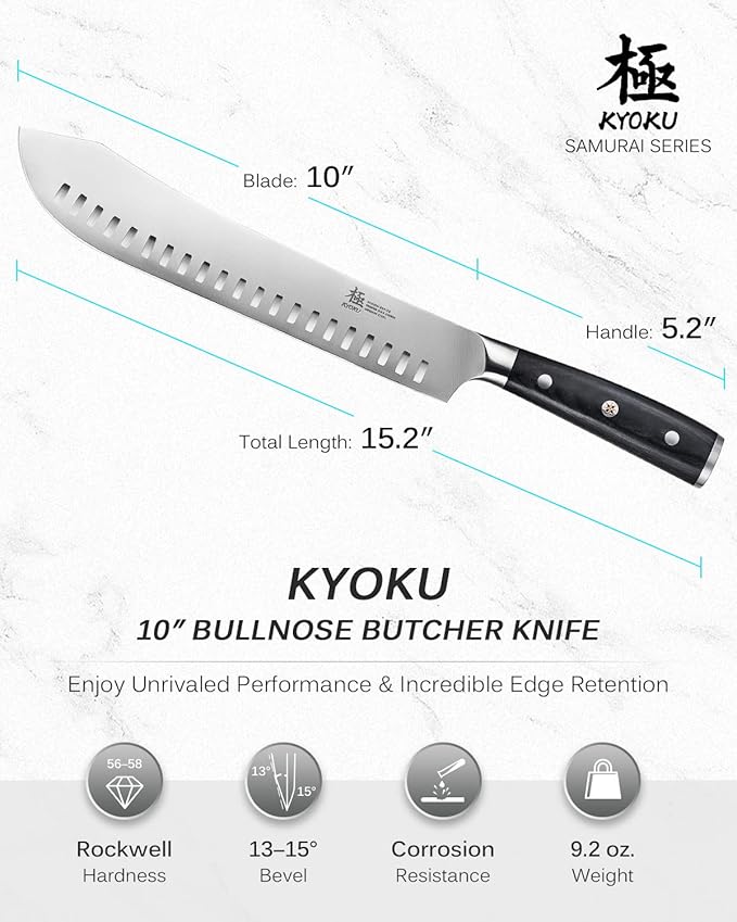 KYOKU 10" Bullnose Butcher Knife, Samurai Series Butcher Knife for Meat Cutting Chopping with Pakkawood Handle, Japanese High Carbon Steel Kitchen Knife for Professional Chef & Cook with Sheath & Case