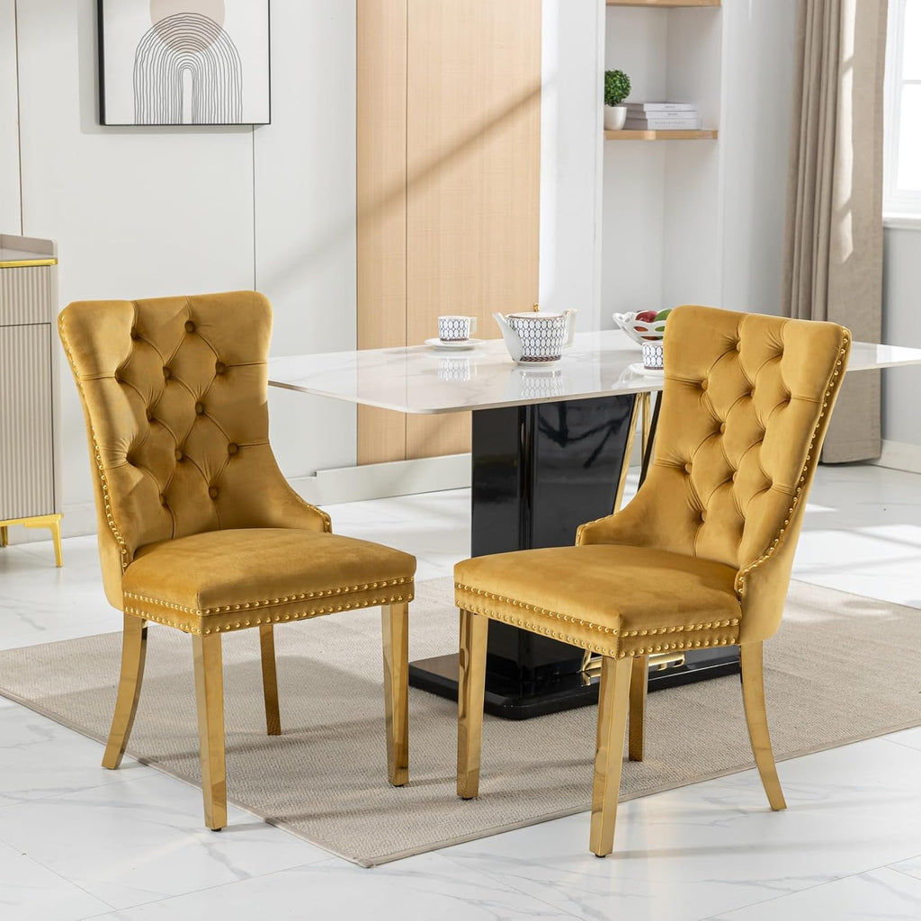 Velvet Dining Chairs Set of 4, Tufted Upholstered High Wingback Chairs with Nailhead Trim & Pull Ring, Golden Stainless Steel Legs for Dining Room, Sillas de Comedor, Gold