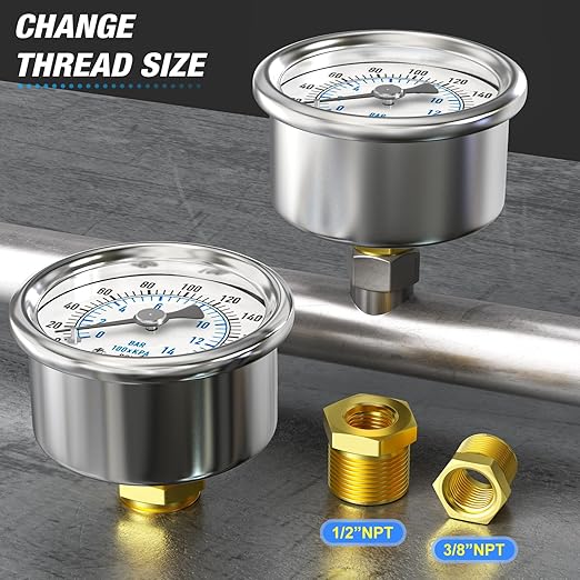 MEANLIN MEASURE 0~200Psi Dry Pressure Gauge Stainless Steel 1/4" NPT 2" FACE DIAL Waterproof for Air Compressor Air Regulator Water Filter Center Back Mount, with 1/2" NPT and 3/8" NPT Hex Bushing