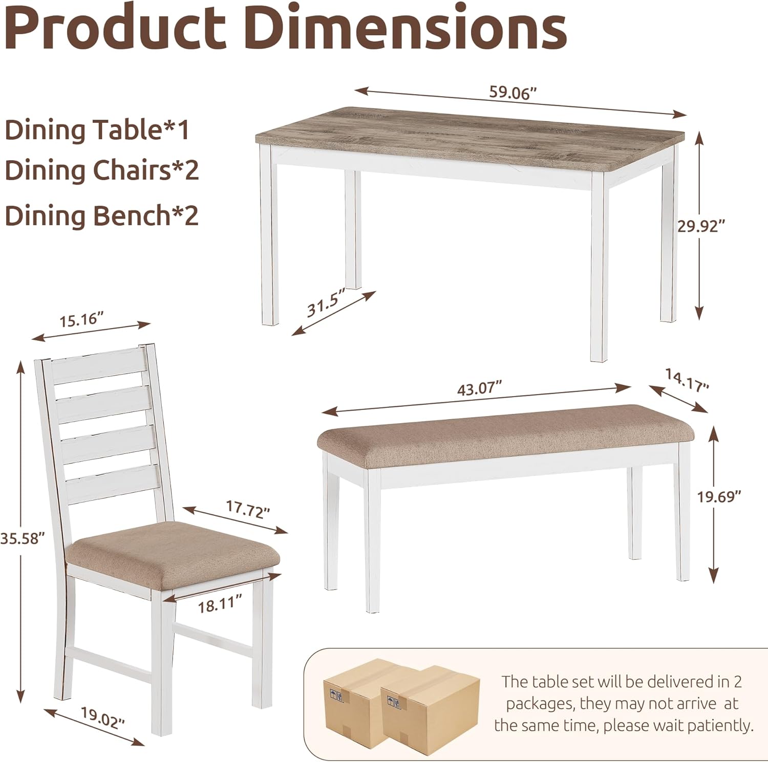 59" Farmhouse Dining Table Set for 6, White Rectangular Wood Table with Upholstered Chairs & Bench for Kitchen or Dining Room (2chiars&2bench)