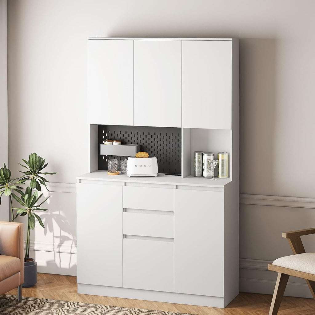 ZeHuoGe 74" Kitchen Pantry Cabinet with Charging Station,Freestanding Storage Cabinet with Drawers, Modern Pantry Cupboards with Microwave Stand for Living Room,Dinning Room (White)