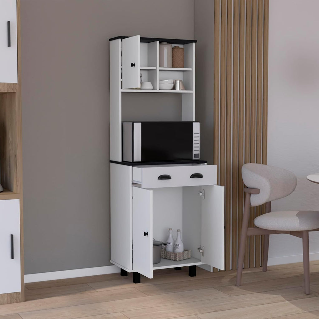 Waco 67" H Kitchen Pantry with Two Cabinets, Two Open Shelves, and One Drawer,White/Black