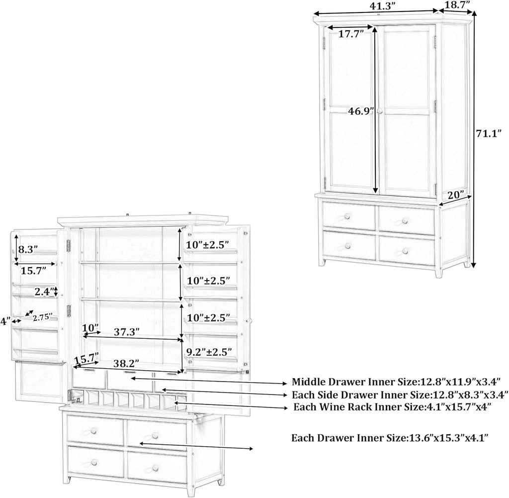 71.1" Tall Freestanding Kitchen Pantry Cabinet, Wooden Food Storage Cupboard with 7 Drawers, 8 Door Shelves, 3 Adjustable Shelves and 8 Wine Racks, Multi-Use Storage Cabinet,White