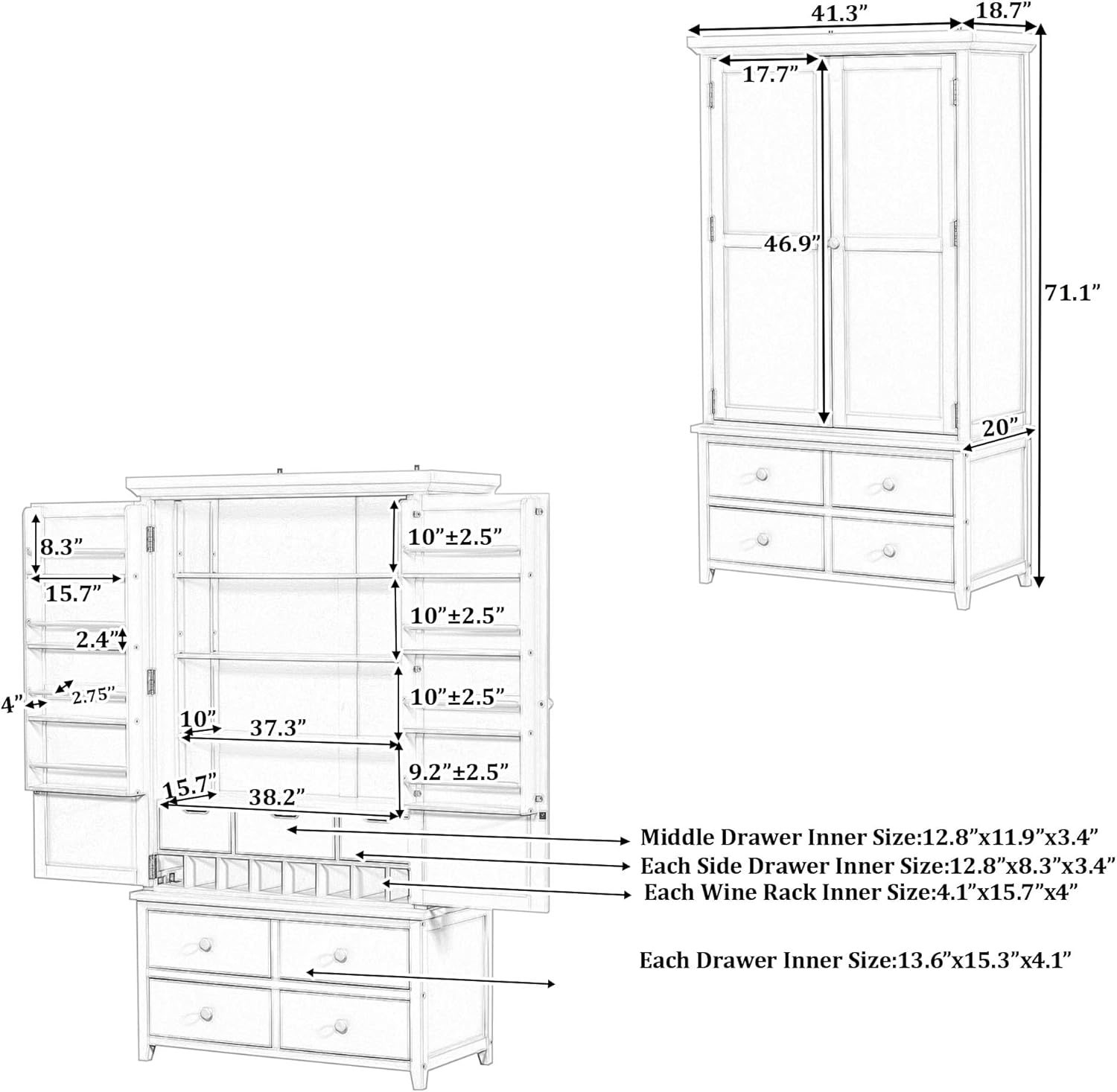 71.1" Tall Freestanding Kitchen Pantry Cabinet, Wooden Food Storage Cupboard with 7 Drawers, 8 Door Shelves, 3 Adjustable Shelves and 8 Wine Racks, Multi-Use Storage Cabinet,White
