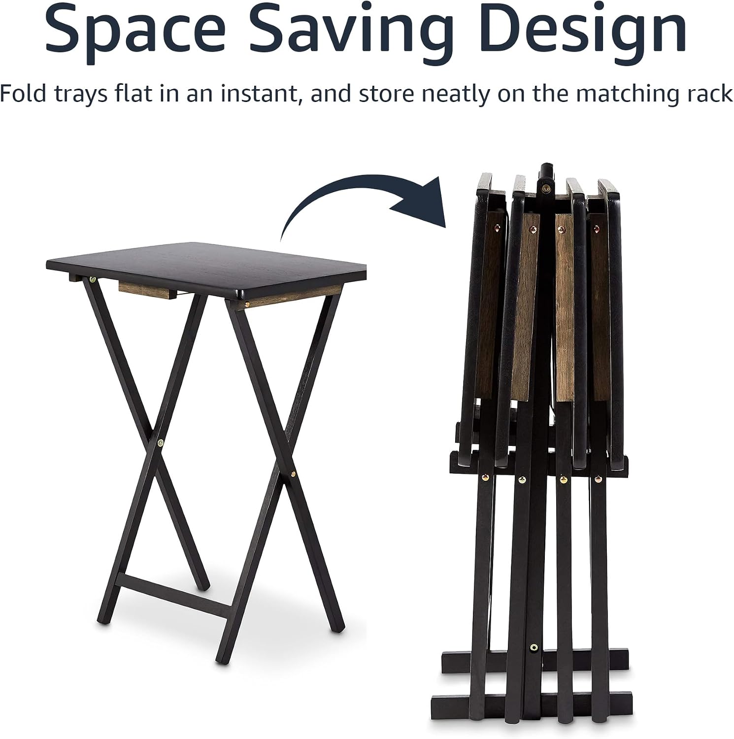 Amazon Basics Portable Foldable TV Tray Table with Storage Rack, Space-Saving Design, 15" x 19" x 26", Black, 4-Pack
