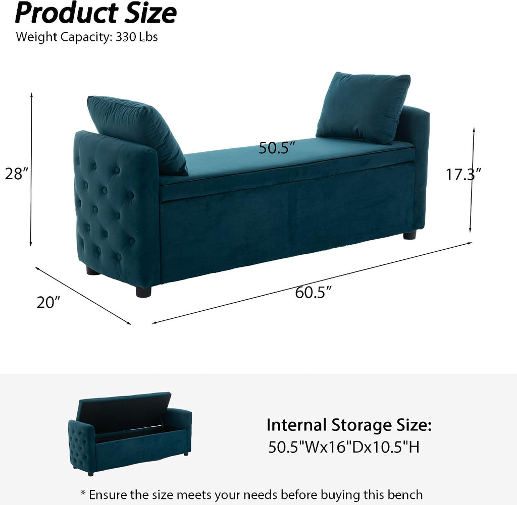 Storage Bench for Bedroom, 60" End of Bed Bench for King Size Bed,Tufted Bench Modern Upholstered Long Ottoman Bench with Arm (Teal, Velvet-60 Wide)