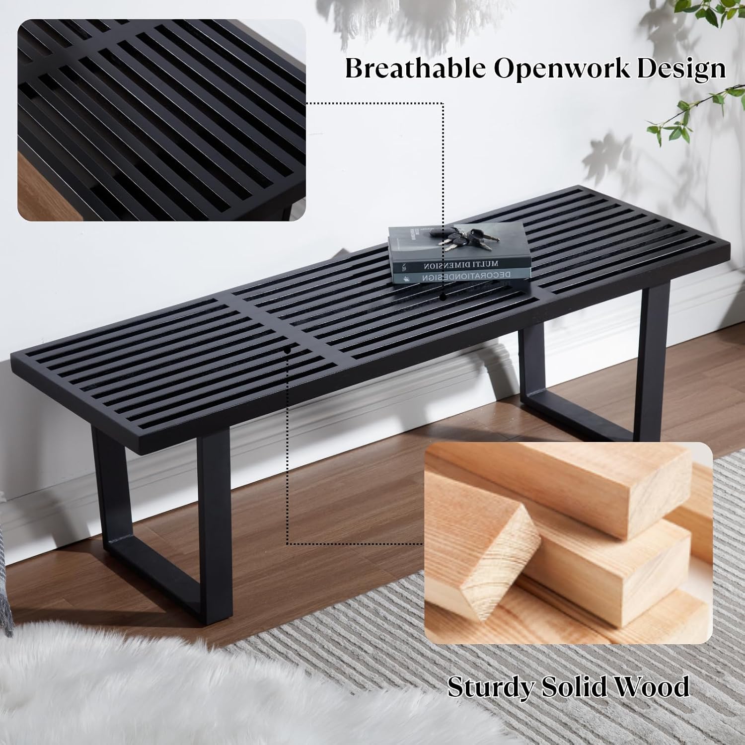 Wooden Dining Bench 55”Industrial Entryway Bench, Modern End of Bed Bench for Bedroom/Hallway, Black Solid Wood Bench with W/Metal Legs for Dining Room/Living Room, Kitchen