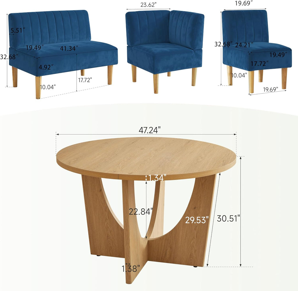 Round Dining Table Set with Loveseat & Chairs, 47 Inch Farmhouse 5-Piece Round Table Setting for 4 to 6, Wood Circle Table and Chairs Set for Kitchen,Breakfast Nook, Indoor Conversational Seating
