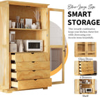 Freestanding pantry organizer armoire solid pine wood, glass double doors, four sliding drawers, adjustable shelf, kitchen hutch for dining area, office, living room display cupboard (Natural)