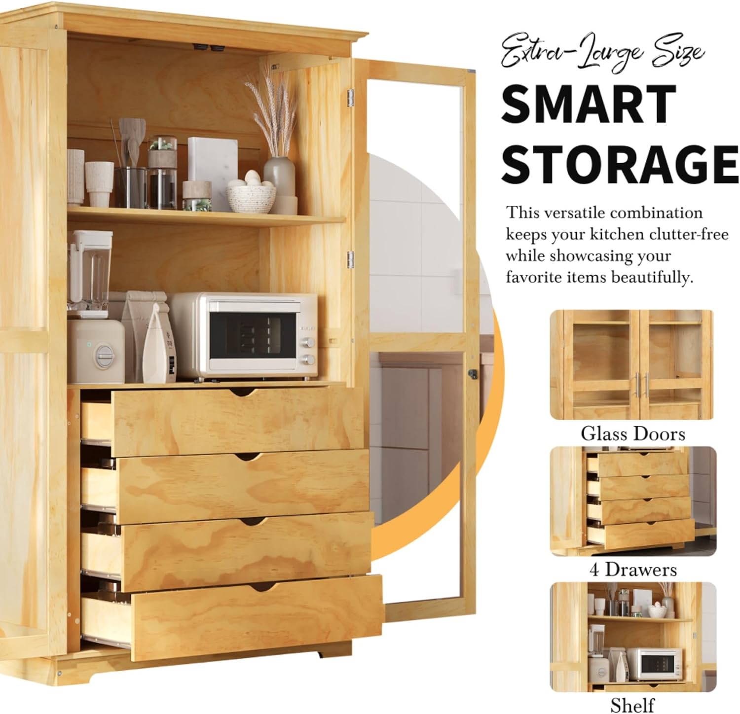 Freestanding pantry organizer armoire solid pine wood, glass double doors, four sliding drawers, adjustable shelf, kitchen hutch for dining area, office, living room display cupboard (Natural)