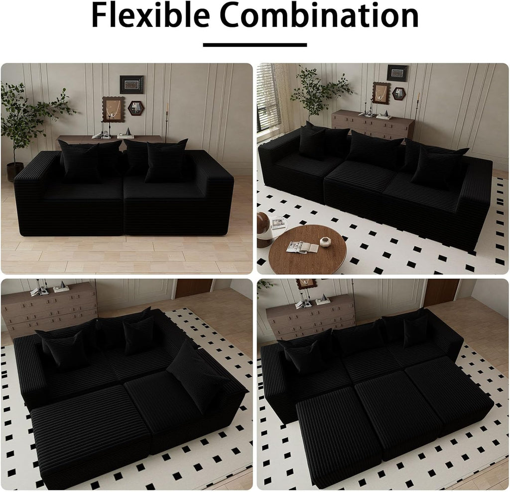 Oversized Cloud Couch Ottoman, Frameless Wide-Wale Corduroy Footrest for Living Room, High-Density All-Foam Large Rectangle Ottoman Coffee Table for Sectional Sofa (Black, Ottoman)