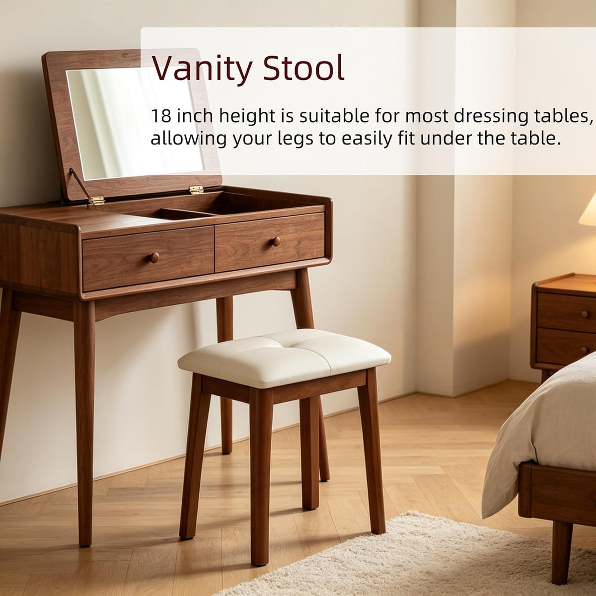 Solid Wood Vanity Stool with Cushion | 11"D x 15"W x 18" H - Small Wooden Ottoman Bench Chair Padded Seat for Bedroom/Living Room/Office/Makeup Vanity