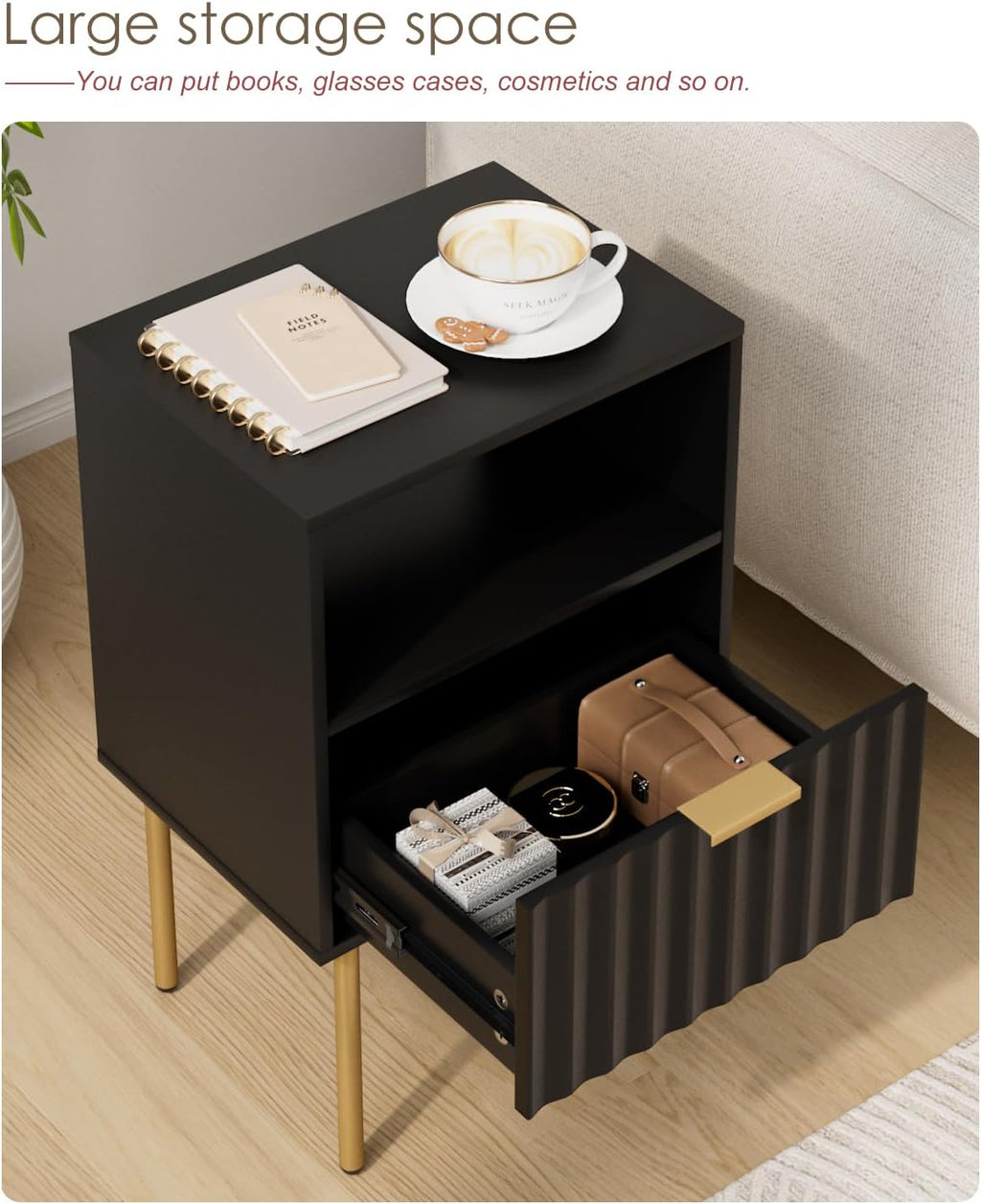 Nightstand,Modern Bedside Table with Gold Frame,White Night Stand,Bedside Furniture, Modern Side Table with Drawer and Shelf for Bedroom (Black)