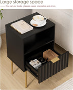 Nightstand,Modern Bedside Table with Gold Frame,White Night Stand,Bedside Furniture, Modern Side Table with Drawer and Shelf for Bedroom (Black)