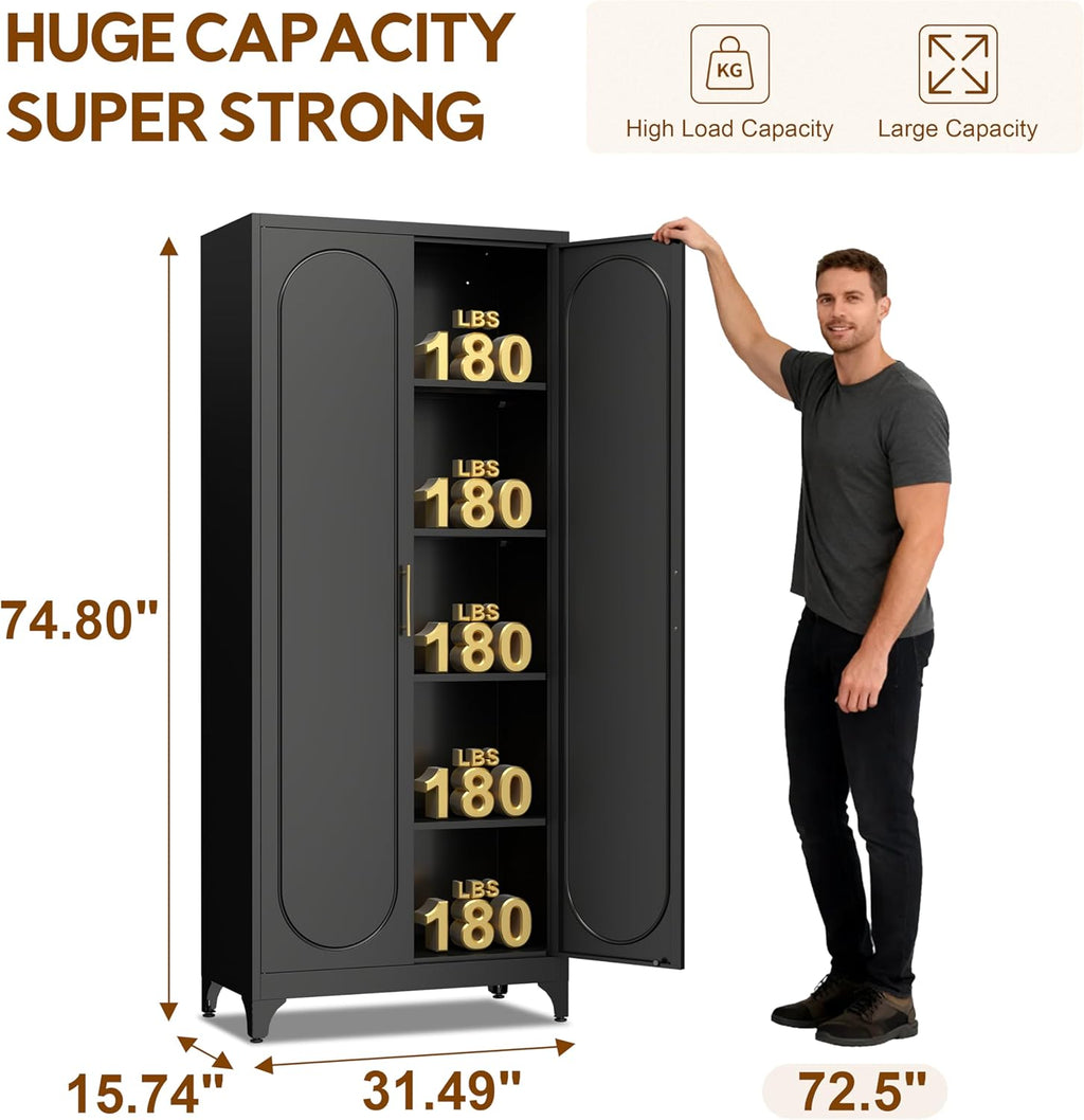 UNICOLY 75" Tall Pantry Storage Cabinet with Doors and 4 Adjustable Shelves, Freestanding Cupboard for Kitchen, Dining Room, Living Room, Bathroom, Black