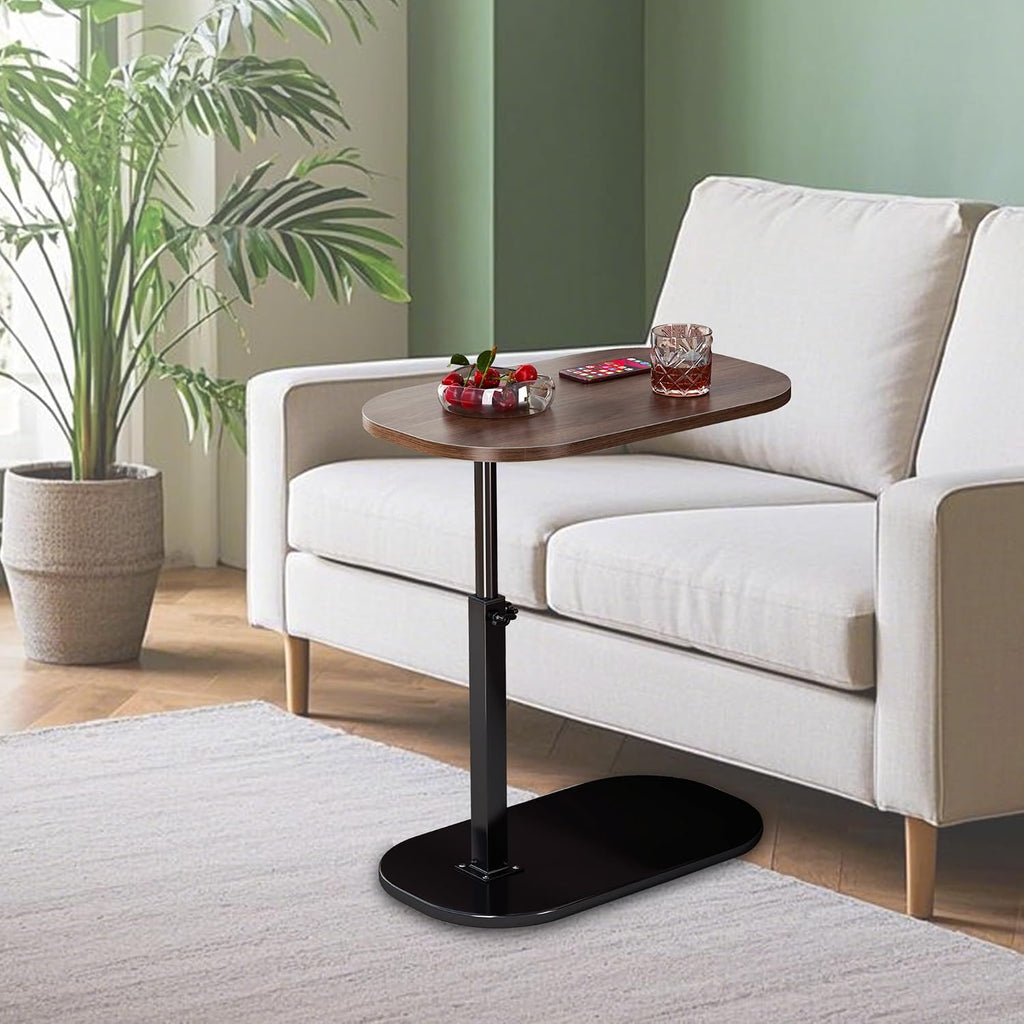 C Shaped End Table Adjustable Height, 360°Swivel Couch Table That Slide Under, Mobile C Shaped Side Table for Bed and Sofa, Rotating C Small Coffee Tables for Small Spaces (Walnut)