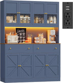 FINETONES 71" Pantry Cabinet with LED Light and Charging Station | Farmhouse Kitchen Pantry Cabinet with Microwave Stand, 47.2" Wide Kitchen Hutch Food Pantry with Open Countertop, Blue
