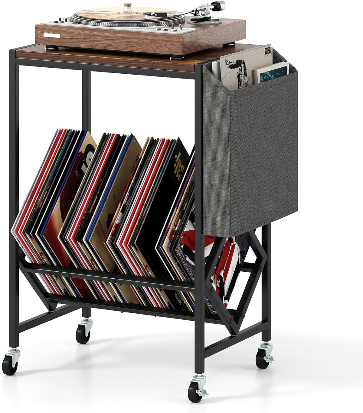 Giantex Record Player Stand, Rolling 2-Tier Turntable Stand with Storage Shelf Up to 130 Albums, Record Player Table w/Metal Frame & Magazine Holder, Vinyl Record Storage for Living Room, Black