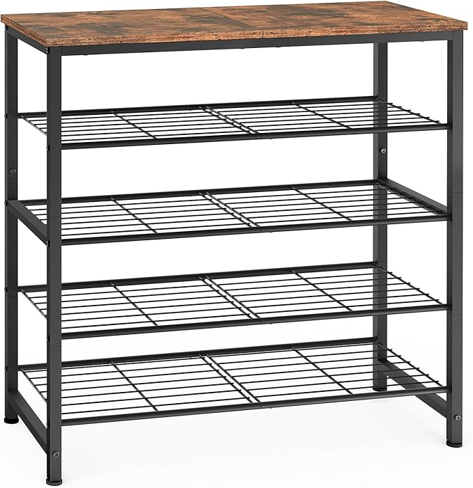 usikey 5-Tier Shoe Rack, Industrial Shoe Storage Organizer for 12-16 Pairs of Shoes, Metal Shoe Shelf with Wooden Top, Shoe Stand with 3 Metal Shelves for Entryway, Hallway, Closet, Rustic Brown