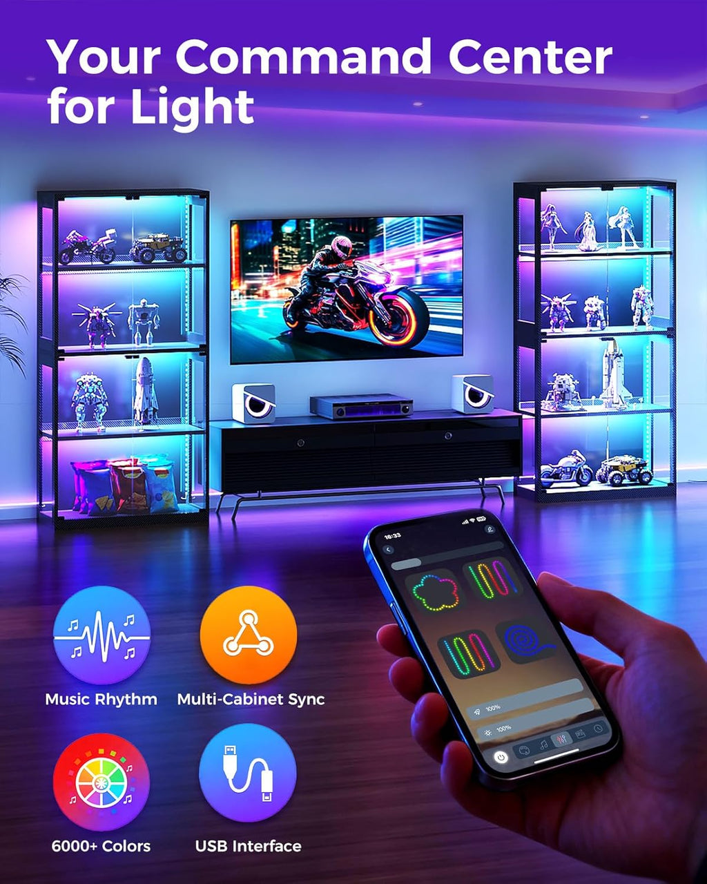 AODK Display Case with RGB Lights, 4-Tier Display Cabinet with Glass Doors and Storage Shelves, Glass Display Cabinet Shelf for Collectibles, Black Curio Cabinet for Game Room