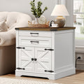 RALGEND Farmhouse End Table with Charging Station, 24'' Sofa Side Table with 2 Drawers and Barn Door, Large Rustic Wooden Square Nightstand for Bedroom, Living Room, White and Walnut