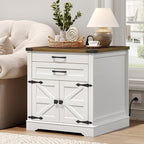 RALGEND Farmhouse End Table with Charging Station, 24'' Sofa Side Table with 2 Drawers and Barn Door, Large Rustic Wooden Square Nightstand for Bedroom, Living Room, White and Walnut