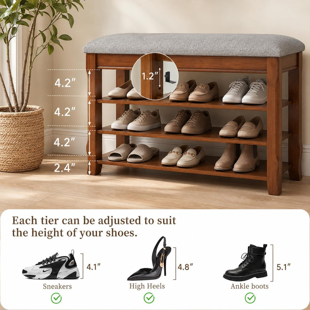 Solid Wood Shoe Bench with Storage, Flip-Top Soft-Close Lid, Adjustable Shelves, Cushioned Entryway Shoe Rack Organizer, 31.5”