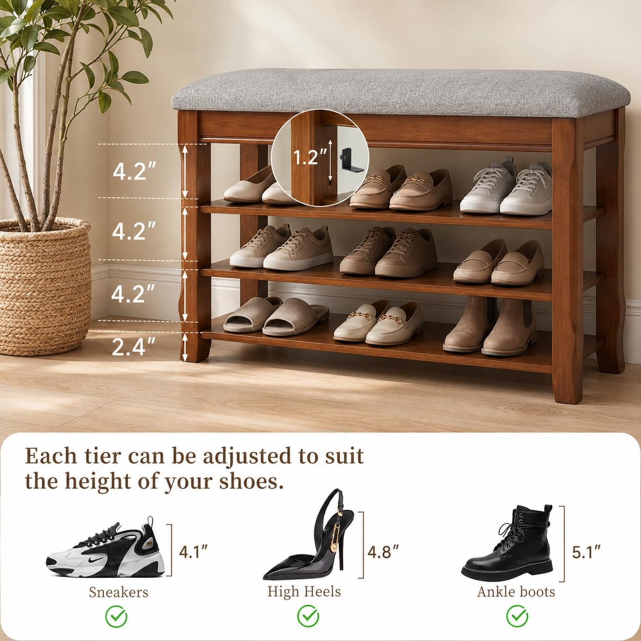 Solid Wood Shoe Bench with Storage, Flip-Top Soft-Close Lid, Adjustable Shelves, Cushioned Entryway Shoe Rack Organizer, 31.5”
