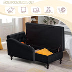 Chaise Lounge with Right Armrest & Lumbar Pillow,Button Tufted Lounge Sofa with Storage,Lounge Chair Indoor,Modern Upholstered Velvet Lounge Chair for Bedroom, Living Room and Office,Black