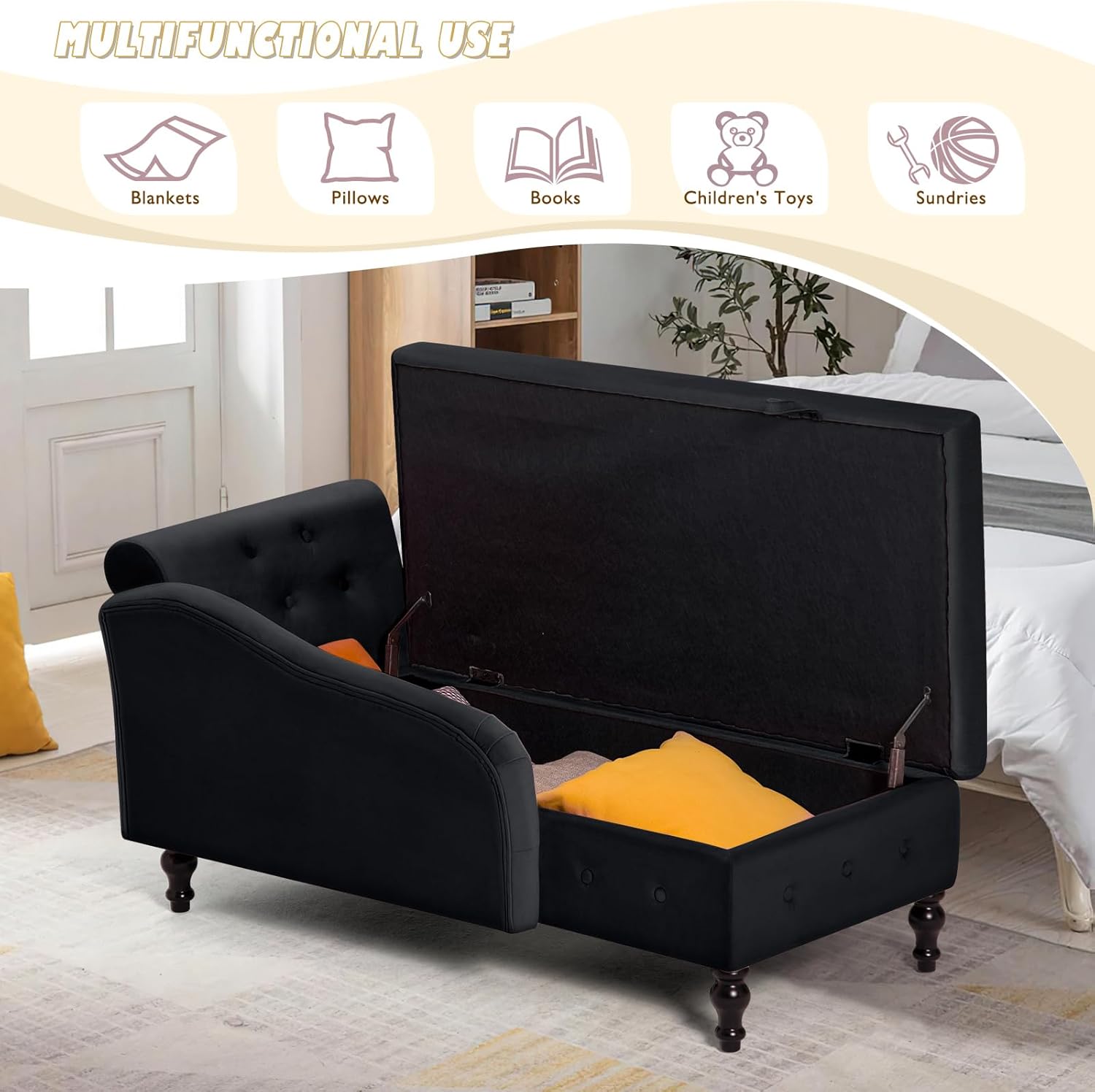 Chaise Lounge with Right Armrest & Lumbar Pillow,Button Tufted Lounge Sofa with Storage,Lounge Chair Indoor,Modern Upholstered Velvet Lounge Chair for Bedroom, Living Room and Office,Black