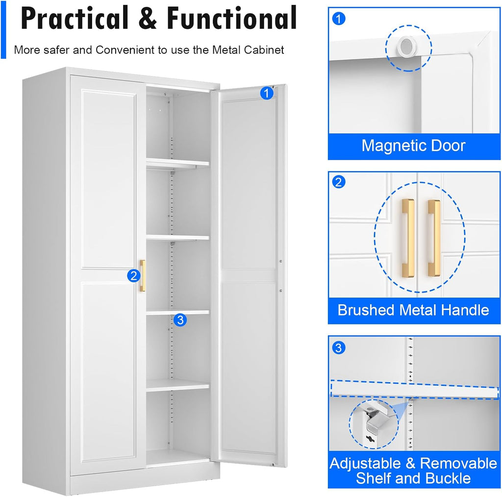 Polup 71" White Metal Kitchen Pantry Storage Cabinet with Doors and Shelves | Tall Freestanding Cupboard, 5-Tier Heavy Duty, 4 Adjustable Shelving, Gold Handles, for Garage, Dining Living Room, Office