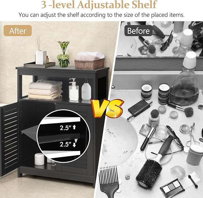 COSTWAY Bathroom Storage Cabinet, Wooden Side Storage Organizer with Louver Doors & Removable Shelf, Freestanding Floor Cabinet for Living Room, Kitchen, Entryway (Black)