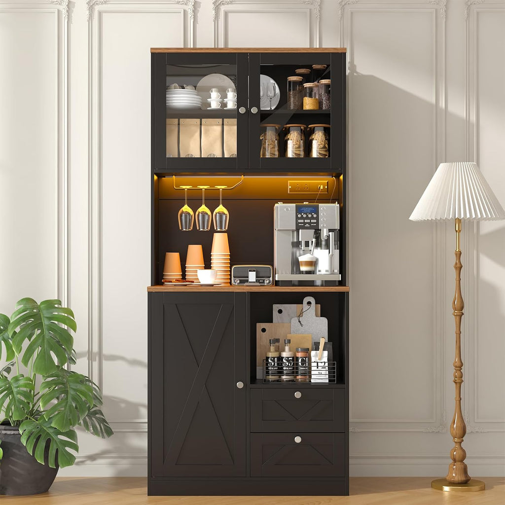 71" Tall Coffee Bar Cabinet with Storage Hutch, Farmhouse Kitchen Pantry Cabinet with LED Lights Microwave Stand and Glass Holder for Home Dining Room Kitchen (Black)