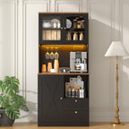71" Tall Coffee Bar Cabinet with Storage Hutch, Farmhouse Kitchen Pantry Cabinet with LED Lights Microwave Stand and Glass Holder for Home Dining Room Kitchen (Black)