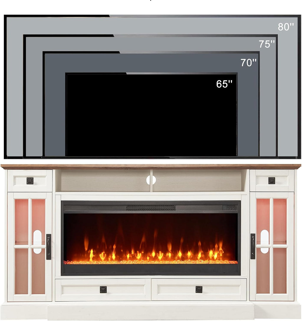 OKD 70" Farmhouse Fireplace TV Stand for 80 Inch TV, Antique White | 42" Crystal Fireplace, LED Lights, Storage Drawers, Glass Cabinets, Adjustable Shelves, Modern Highboy, for Living Room