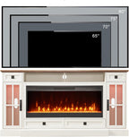 OKD 70" Farmhouse Fireplace TV Stand for 80 Inch TV, Antique White | 42" Crystal Fireplace, LED Lights, Storage Drawers, Glass Cabinets, Adjustable Shelves, Modern Highboy, for Living Room