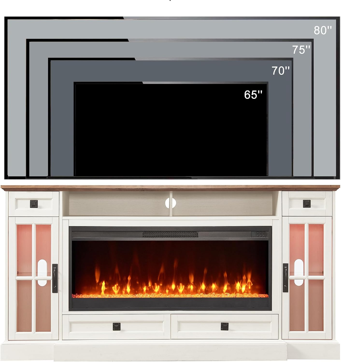 OKD 70" Farmhouse Fireplace TV Stand for 80 Inch TV, Antique White | 42" Crystal Fireplace, LED Lights, Storage Drawers, Glass Cabinets, Adjustable Shelves, Modern Highboy, for Living Room