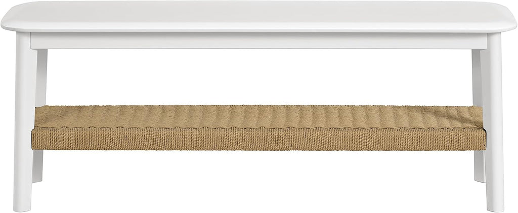 Alaterre Furniture Calais 48 Inch Solid Wood Entryway Bench with Woven Storage Shelf – Mid Century Modern 2-Tier Shoe Bench for Living Room, Hallway or Foyer (White)