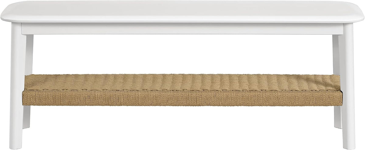 Alaterre Furniture Calais 48 Inch Solid Wood Entryway Bench with Woven Storage Shelf – Mid Century Modern 2-Tier Shoe Bench for Living Room, Hallway or Foyer (White)