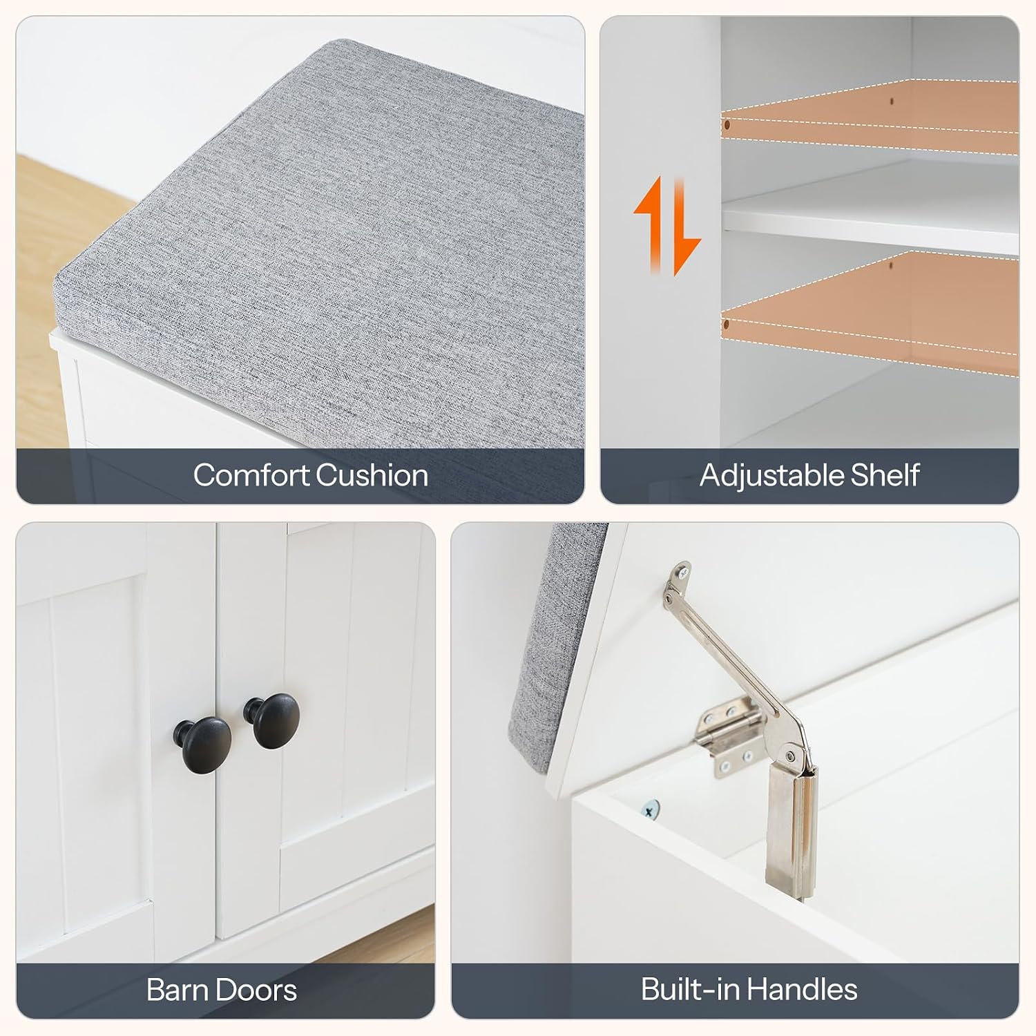 HOOBRO 39.4" Long Entryway Bench with Flip-Top Storage, 3 Tier Shoe Storage Bench with Thickened Padded Seat Cushion, Wooden Shoe Bench with 3 Barn Doors & Adjustable Shelf, White and Gray WG35HX01