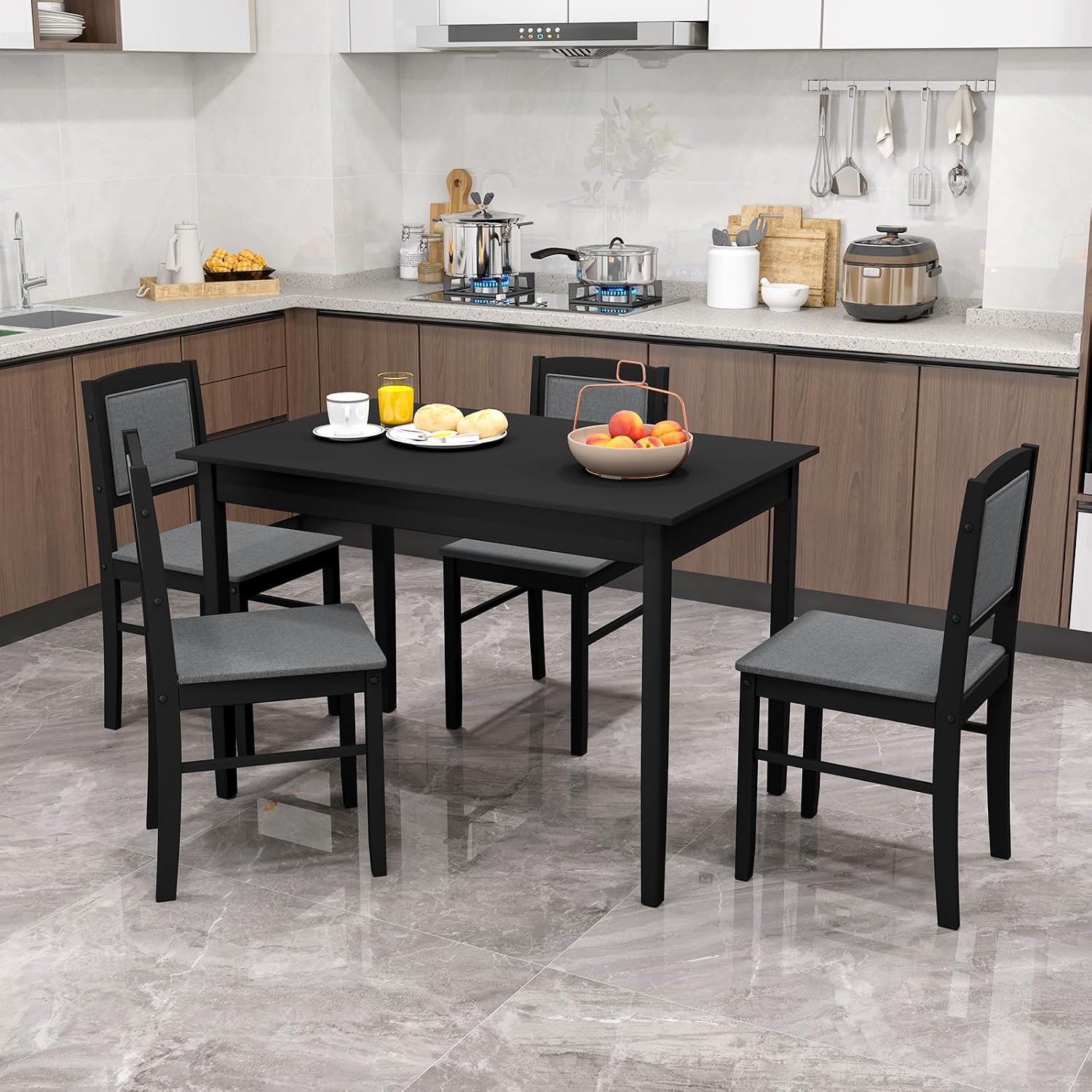 Giantex 5-Piece Dining Table Set for 4, Wooden Kitchen Table and Chairs with Solid Rubber Wood Legs, Padded Seat & Backrest, Space Saving Dinette Set for Home Dining Living Room, Breakfast Nook