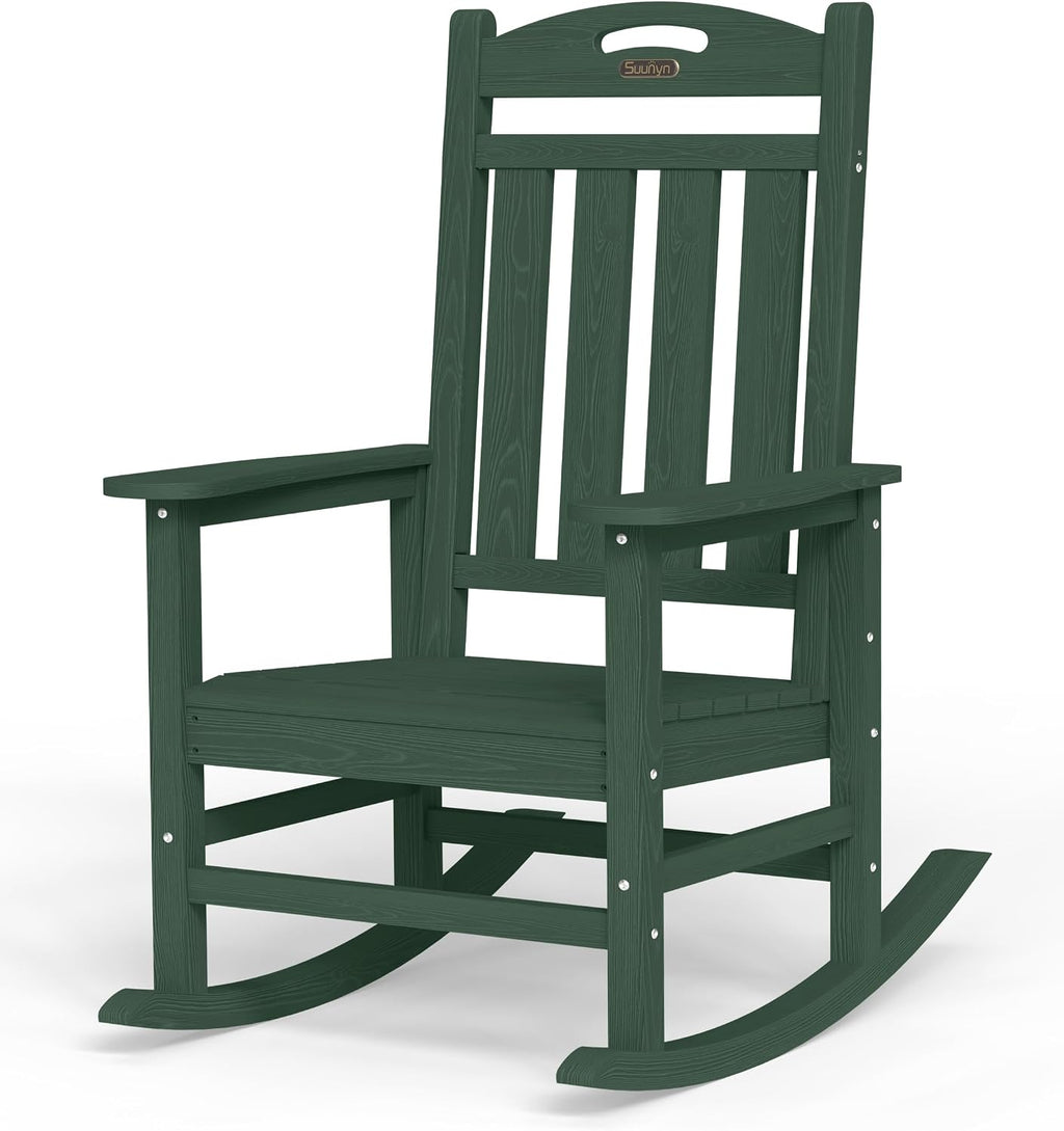 Oversized Outdoor Rocking Chair, High Back Porch Rocker Chair, HDPE All Weather Resistant Rocking Chairs for Patio, 380lbs Weight Capacity, Green
