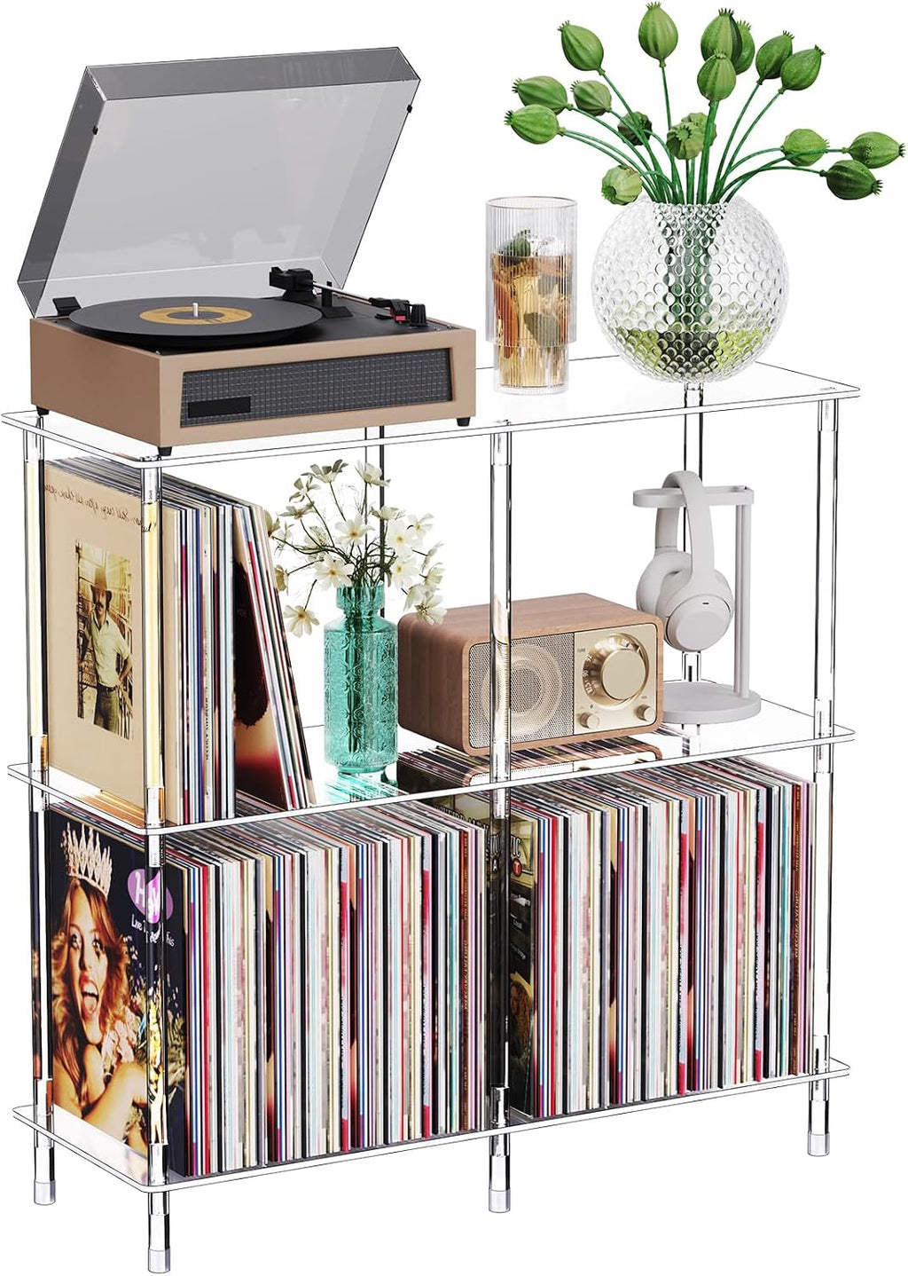 Clear Acrylic Record Player Stand with Vinyl Storage, 31.5" L x 11.8" W x 30.7" H, 3 Tier Side Turntable Table with Large Album Shelf, Modern End Table Bookshelf for Living Room, Bedroom