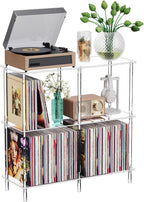 Clear Acrylic Record Player Stand with Vinyl Storage, 31.5" L x 11.8" W x 30.7" H, 3 Tier Side Turntable Table with Large Album Shelf, Modern End Table Bookshelf for Living Room, Bedroom